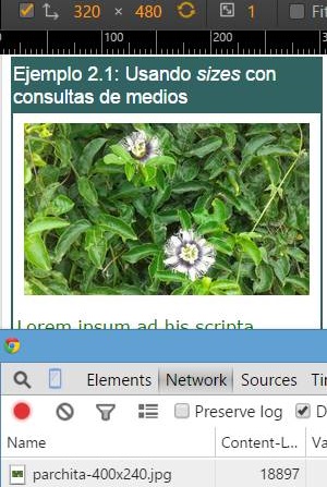 Uso del emulador de móviles del Developer Tools de Chrome para practicar con srcset sizes